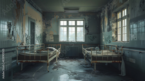 A hospital room with two beds and a radiator