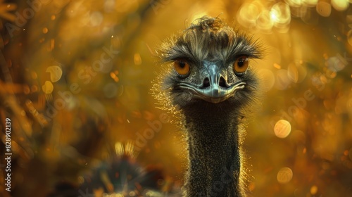 An emu enclosed with a blurry backdrop photo