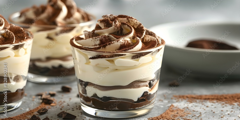 Individual Portions of Tiramisu Served in Glass Cups for a Delightful Dessert. Concept Tiramisu, Desserts, Glass Cups, Individual Portions, Delightful Individual Portions of Tiramisu Served in Glass Cups for a Delightful Dessert. Concept Tiramisu, Desserts, Glass Cups, Individual Portions, Delightful