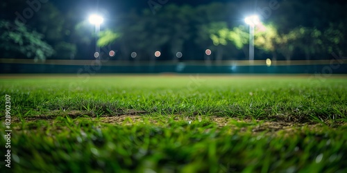 Empty baseball field lit by floodlights at night with a focus on the grass and infield dirt photo