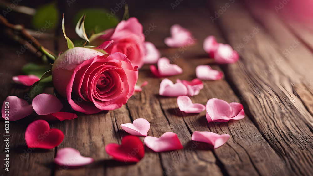wooden background with roses and petals with empty space for greeting message. Love and greeting concept design. AI generated image, ai wooden background with roses and petals with empty space for greeting message. Love and greeting concept design. AI generated image, ai