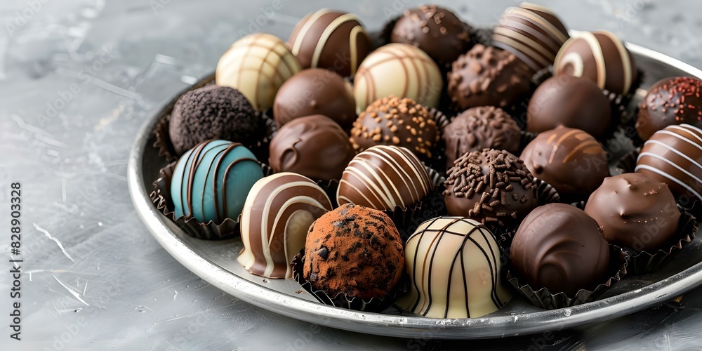 Artisan chocolate truffles on a silver platter with rich colors and textures. Concept Artisan Chocolate, Truffles, Silver Platter, Rich Colors, Textures Artisan chocolate truffles on a silver platter with rich colors and textures. Concept Artisan Chocolate, Truffles, Silver Platter, Rich Colors, Textures