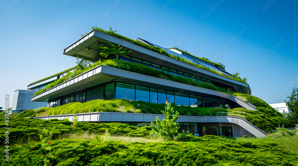 A large building with a green roof and a lot of greenery A large building with a green roof and a lot of greenery