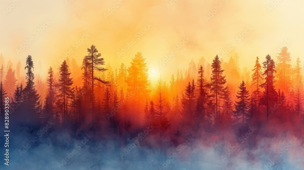 Vibrant Silhouette of Forest Trees Against White Background Vibrant Silhouette of Forest Trees Against White Background