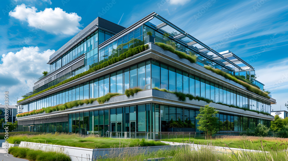 A large building with a green roof and a lot of greenery A large building with a green roof and a lot of greenery