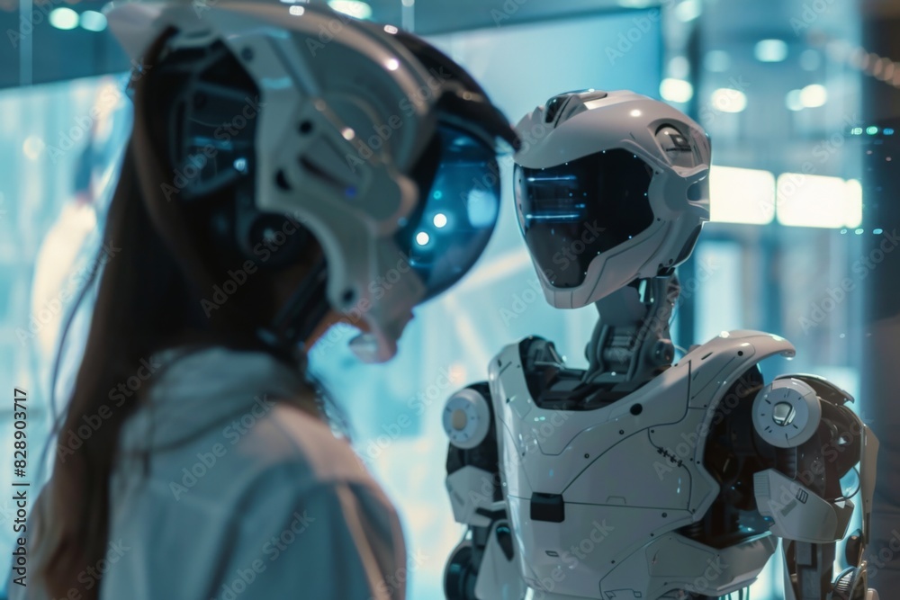 A woman stands by a robot on a street in the city A woman stands by a robot on a street in the city