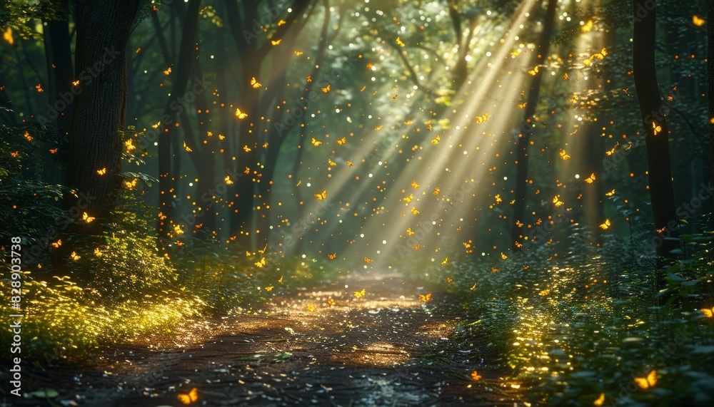 Enchanted Forest Path with Fireflies and Butterflies - Hyper Realistic Wooded Scene Captured with Nikon D7100