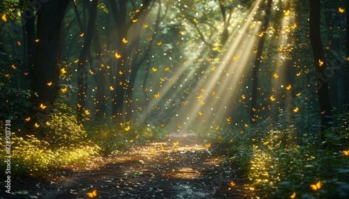 Obraz na płótnie Enchanted Forest Path with Fireflies and Butterflies - Hyper Realistic Wooded Scene Captured with Nikon D7100 w salonie