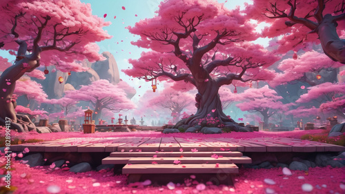 Pink forest game background with floating platforms depicted in a cartoon illustration. Features sakura trees with colorful petals and pieces of land flying in a fantasy garden. Generative AI.
