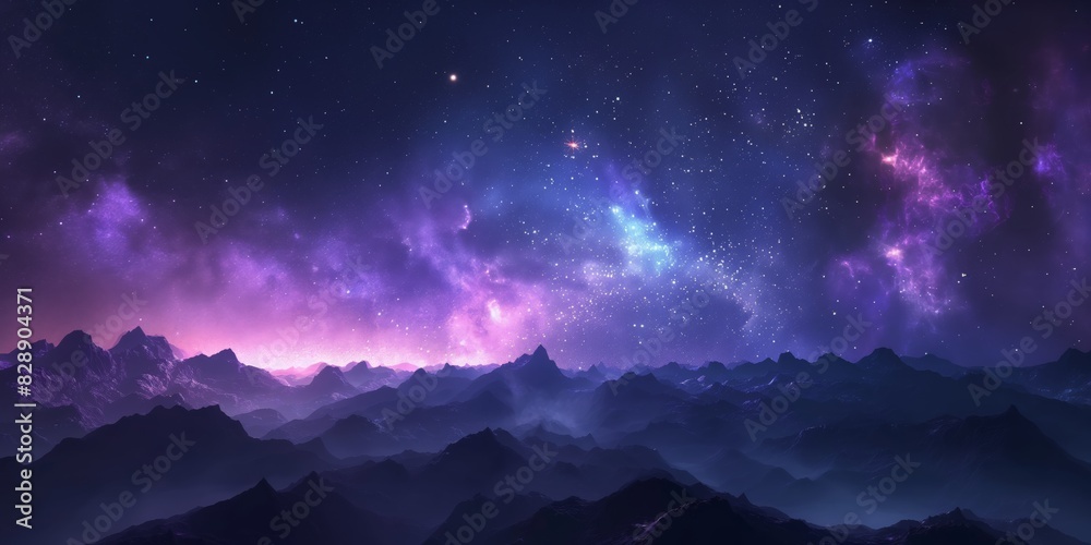 Ethereal night landscape with a purple starry sky stretching above dark, silhouetted mountains