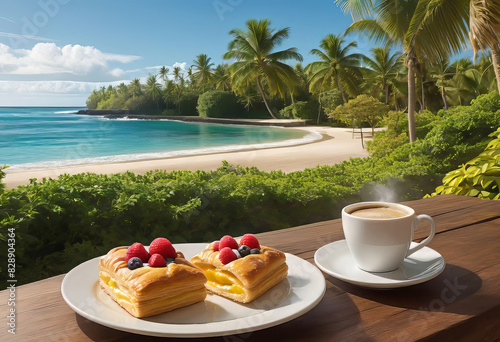 romantic breakfast in tropical paradise. Delicious Danish pastries along with freshly brewed coffee and a glass of tropical juice. palm trees, beach, ocean, relaxing day in paradise.