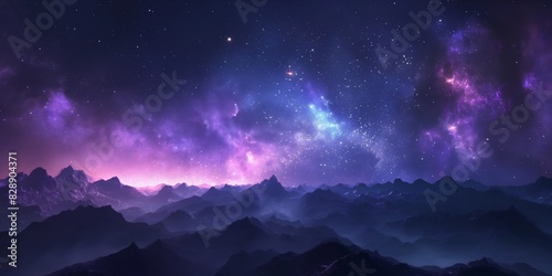 Ethereal night landscape with a purple starry sky stretching above dark  silhouetted mountains