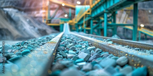 Gold mining plant with conveyor belt and shallow depth of field showcasing ore rocks. Concept Gold Mining, Conveyor Belt, Shallow Depth of Field, Ore Rocks, Industrial Setting photo