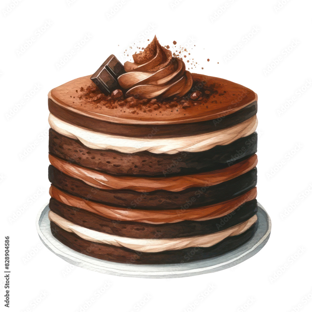 A watercolor painting of a four-tier chocolate cake with chocolate frosting and a chocolate curl on top. A watercolor painting of a four-tier chocolate cake with chocolate frosting and a chocolate curl on top.
