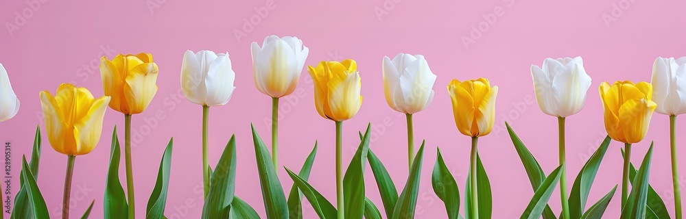Rows of white and yellow Tulips in the photo on a pink background Rows of white and yellow Tulips in the photo on a pink background