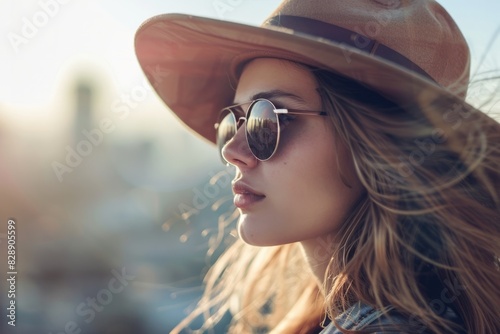 Elegant Woman in Sunglasses and Hat Enjoying Sunset Glow