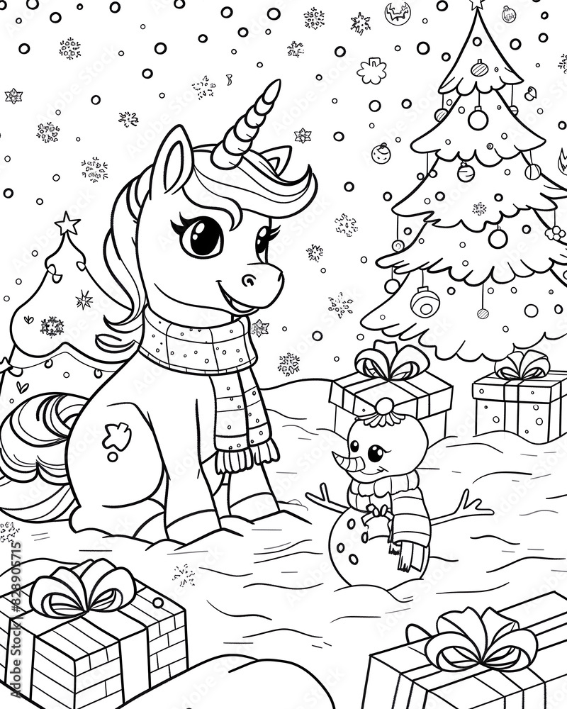 Fototapeta premium Cute and cheerful unicorn with Christmas gifts. Coloring book page.