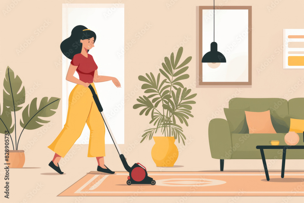 Young Woman Enjoying Indoor Cleaning with Modern Red Vacuum Cleaner Young Woman Enjoying Indoor Cleaning with Modern Red Vacuum Cleaner