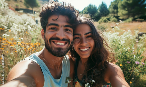 Selfie of a cute young couple in nature. Romantic selfie.