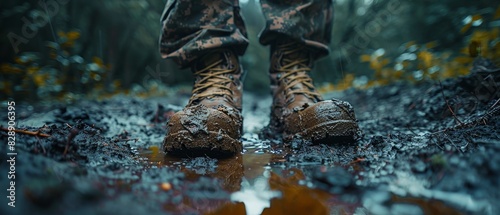 Guerrilla warfare in jungle, camouflage soldiers, low visibility, rainsoaked environment, closeup on mudstained boots