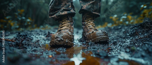 Guerrilla warfare in jungle, camouflage soldiers, low visibility, rainsoaked environment, closeup on mudstained boots photo