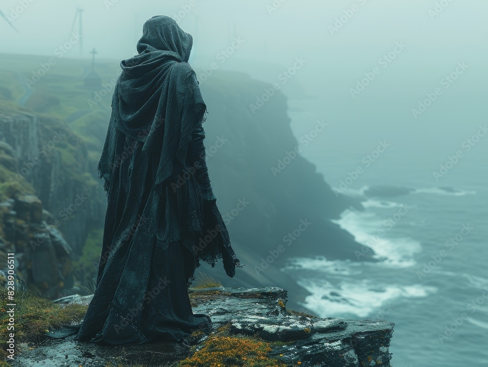 Mysterious Gothic figure standing on a cliff overlooking the ocean, with wind turbines in the background Mysterious Gothic figure standing on a cliff overlooking the ocean, with wind turbines in the background