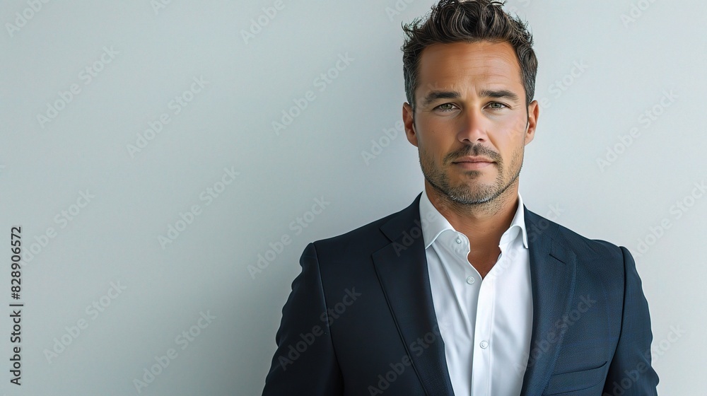 A portrait of a business man against a clean white background, his sharp suit and determined expression making a powerful statement A portrait of a business man against a clean white background, his sharp suit and determined expression making a powerful statement