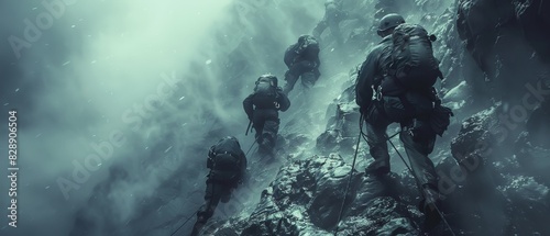 Commando unit rappelling down a rugged cliff, dynamic action, closeup, dramatic lighting for suspense photo