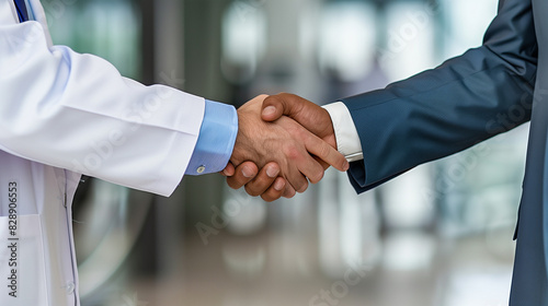 Doctor and businessperson shaking hands, symbolizing collaboration and partnership in a professional environment