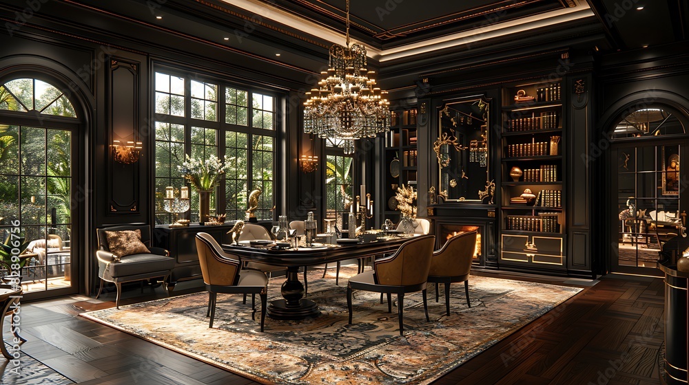 Fototapeta premium dark opulent dining room with elegant tableware and luxurious decor offering a refined and timeless dining atmosphere