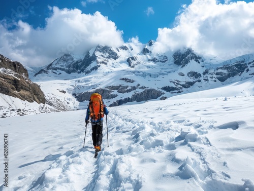 Skier traveling through the snow on a mountain pass © juliiapanukoffa