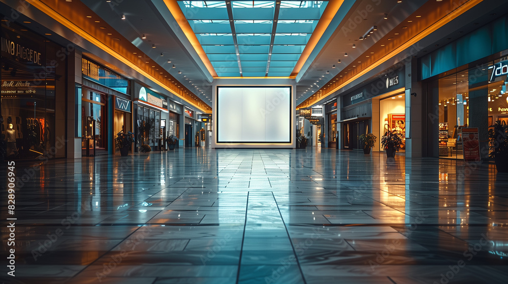 Shopping mall environment and blank advertising screen at night