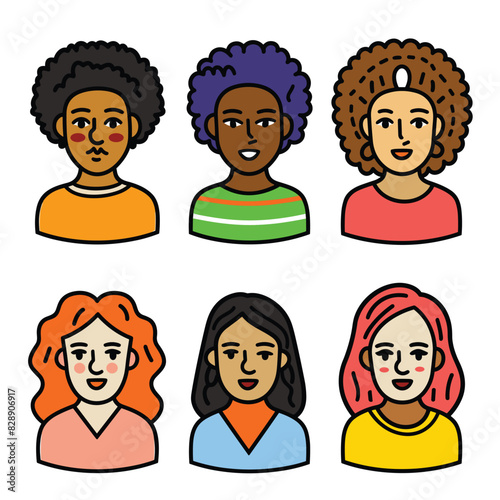 Six diverse cartoon female characters, multicultural representation, woman displays unique hairstyle, expression, clothing colors. Friendly, smiling faces suitable inclusive content, avatars, user