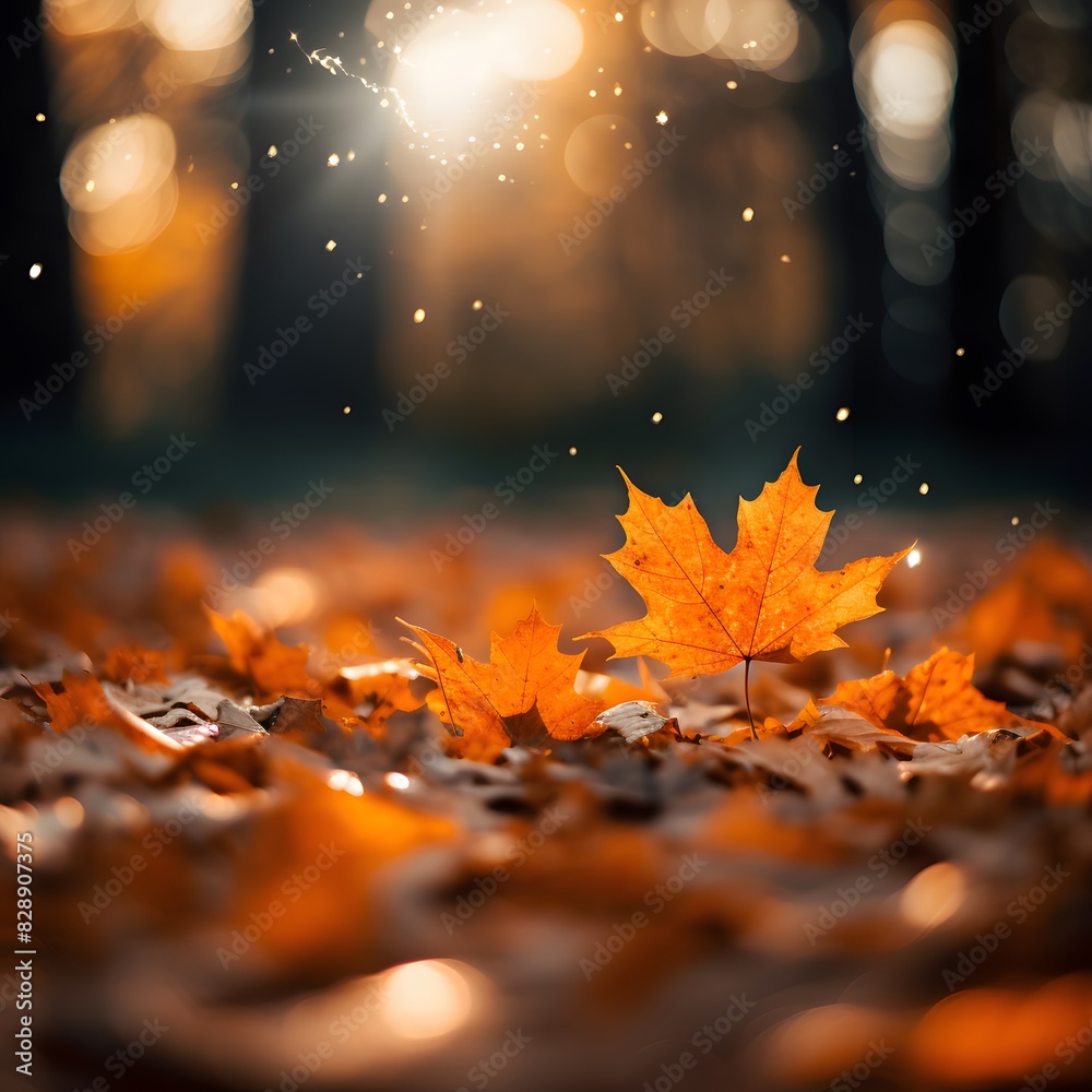 Autumn background with leaves falling on the ground in a forest at sunset. Generative AI. Autumn background with leaves falling on the ground in a forest at sunset. Generative AI.