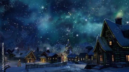 a beautiful Christmassy village at the North Pole, at night, starry sky 