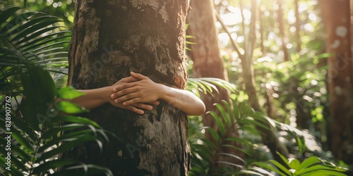 A person symbolically hugs a tree, perhaps representing a connection with nature and environmental activism photo
