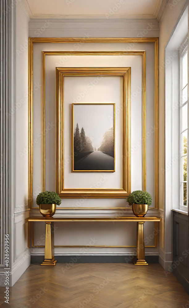 simple elegant hallway with two tall rectangular gold decorative photo frames, luxury hallway interior in a beautiful home, home design, simple elegant hallway with two tall rectangular gold decorative photo frames, luxury hallway interior in a beautiful home, home design,