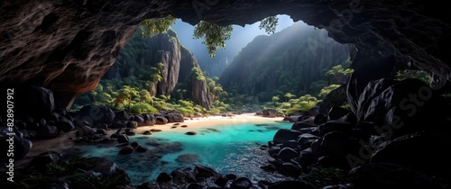 View from the cave. Exit from the cave. Sun rays into a cave. Tropical island. Sea lagoon. Beach. Morning jungle. Ferns on stones. Sun rays. Secret paradise. Poster, background, banner. © derplan13