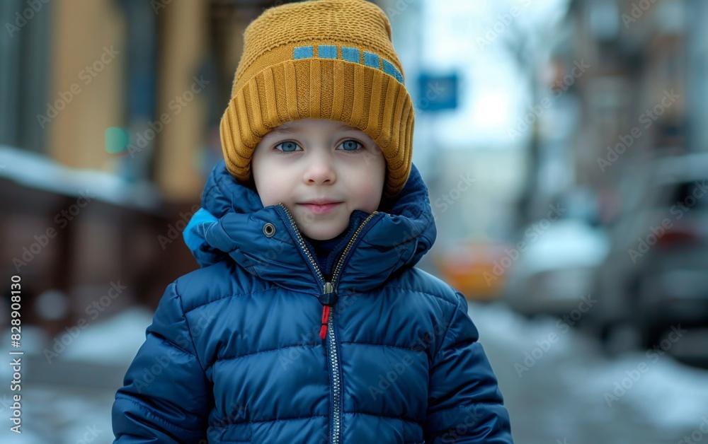 A young boy wearing a blue jacket and a yellow hat walking along the city streets A young boy wearing a blue jacket and a yellow hat walking along the city streets