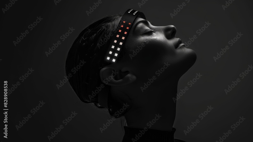 Futuristic woman wearing illuminated headgear in dark background, showcasing modern technology and innovation in a dramatic lighting setup. Futuristic woman wearing illuminated headgear in dark background, showcasing modern technology and innovation in a dramatic lighting setup.