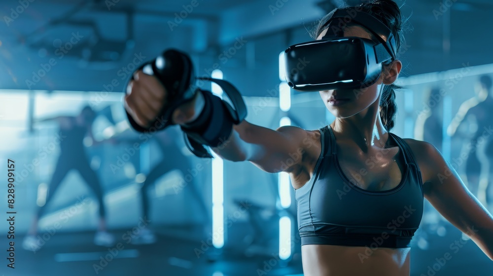 Woman practicing fitness boxing with virtual reality headset in modern gym. She is focused and determined, utilizing advanced technology. Woman practicing fitness boxing with virtual reality headset in modern gym. She is focused and determined, utilizing advanced technology.
