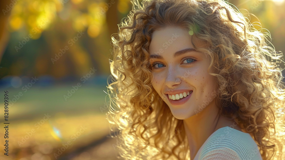 : A lovely girl in a bright park, her blue eyes and curly hair glistening, smiles genuinely..j : A lovely girl in a bright park, her blue eyes and curly hair glistening, smiles genuinely..j