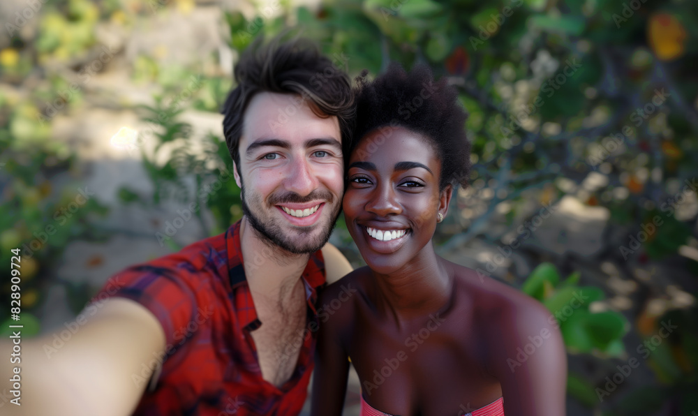 Selfie of a cute young couple in nature. Caucasian man and African American woman. Romantic selfie. Selfie of a cute young couple in nature. Caucasian man and African American woman. Romantic selfie.