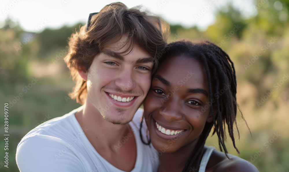 Selfie of a cute young couple in nature. Caucasian man and African American woman. Romantic selfie. Selfie of a cute young couple in nature. Caucasian man and African American woman. Romantic selfie.