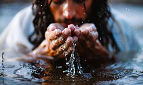 Biblical Scene of Jesus Christ Drinking Water with His Hands at River, Symbolizing Purity, Faith, Spiritual Rejuvenation, and Devotion in Serene Nature Setting