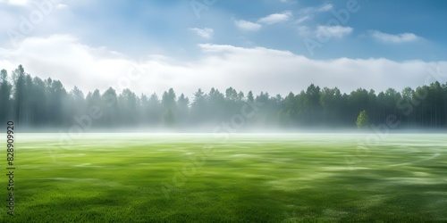 Enigmatic toxic fog with noxious odor blankets a verdant soccer field. Concept Environmental, Hazardous, Atmosphere, Mystery, Toxicity photo