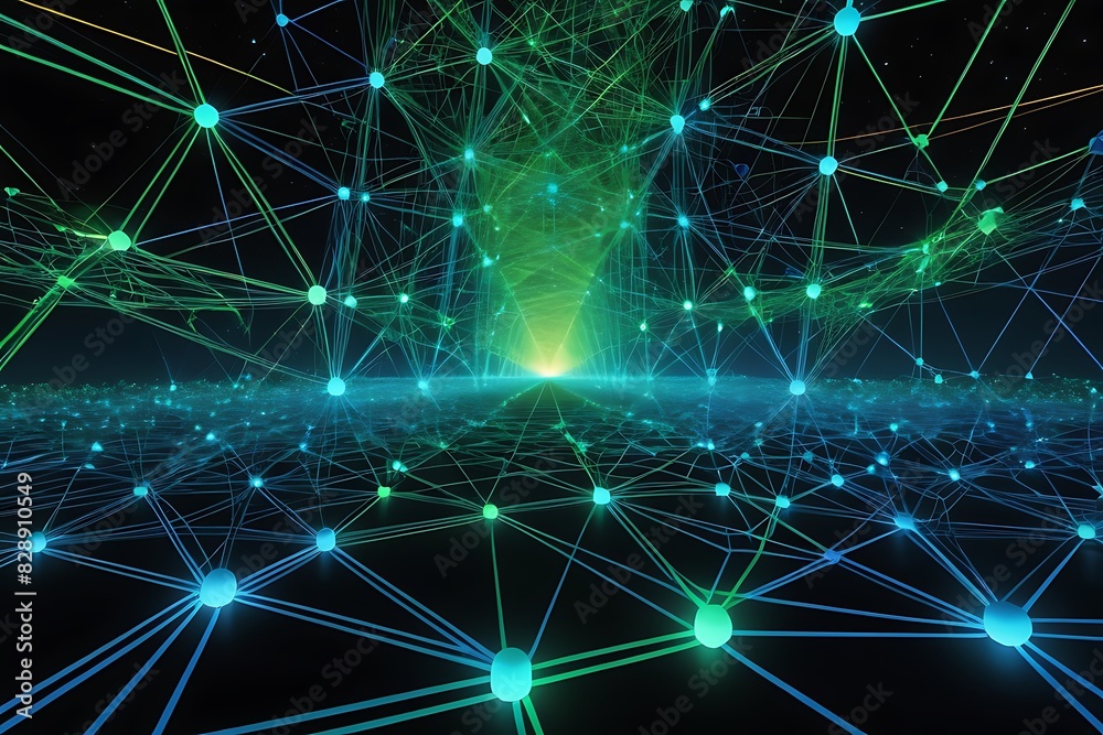 Neon Digital Network: Abstract 3D Node Art, Vast Interconnected Digital Grid, Glowing Neon Pathways

