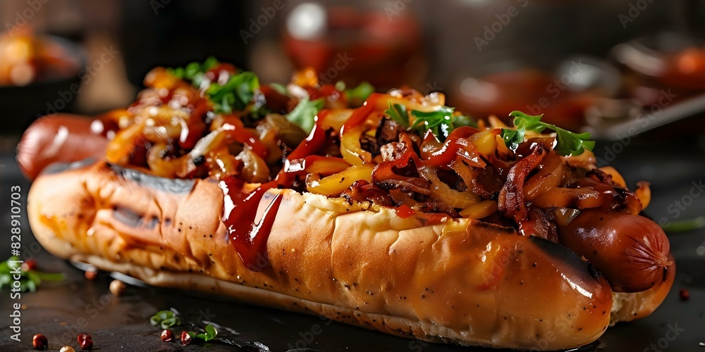 Danish hot dog loaded with toppings served on a sleek black backdrop. Concept Food Photography, Gourmet Hot Dog, Stylish Presentation, Culinary Delights, Danish Cuisine Danish hot dog loaded with toppings served on a sleek black backdrop. Concept Food Photography, Gourmet Hot Dog, Stylish Presentation, Culinary Delights, Danish Cuisine