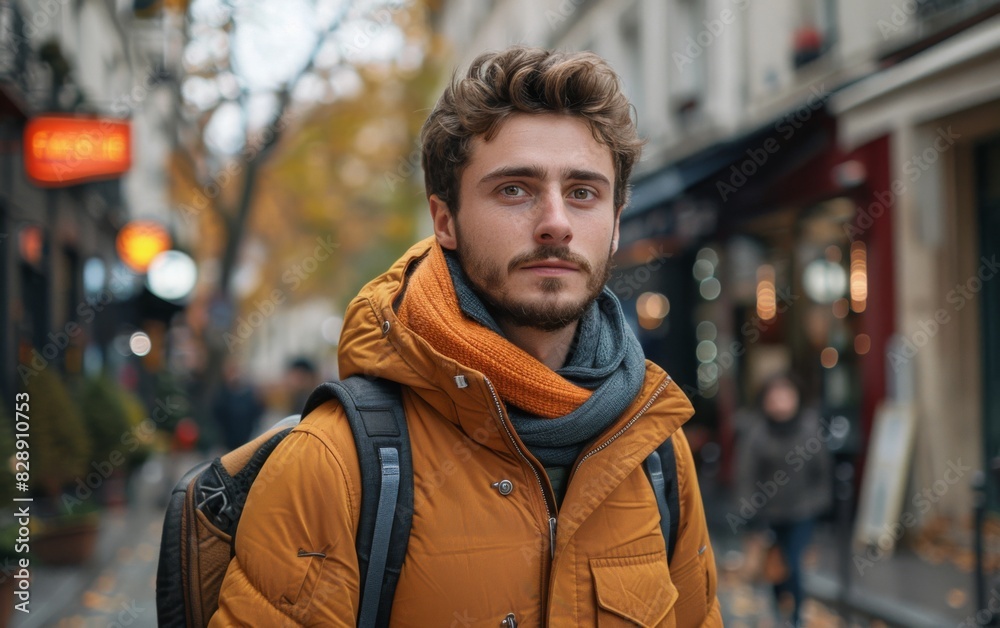 Fototapeta premium A young man with a beard wearing a yellow jacket walks down the street