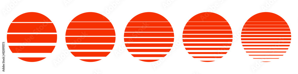 Vintage retro sun circle set, sun in retro 80s and 90s style, sunset sunrise isolated - vector
